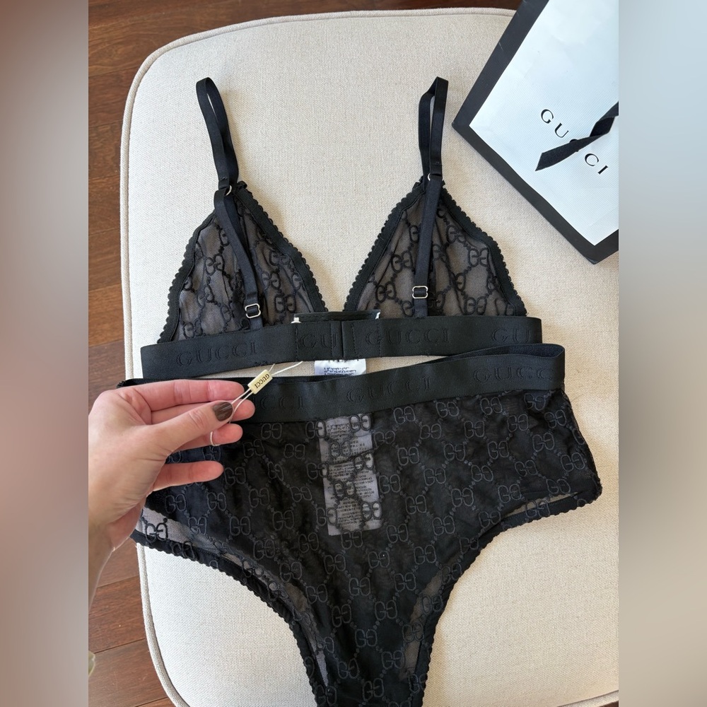 Gucci Black GG Embroidered Tulle Sheer Lingerie Set L New Condition Mesh Logo GG - Picture 14 of 16